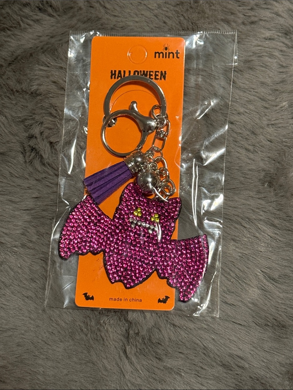 Mint Pink Rhinestone Bat Bag Charm/Key Holder with Purple Tassel
